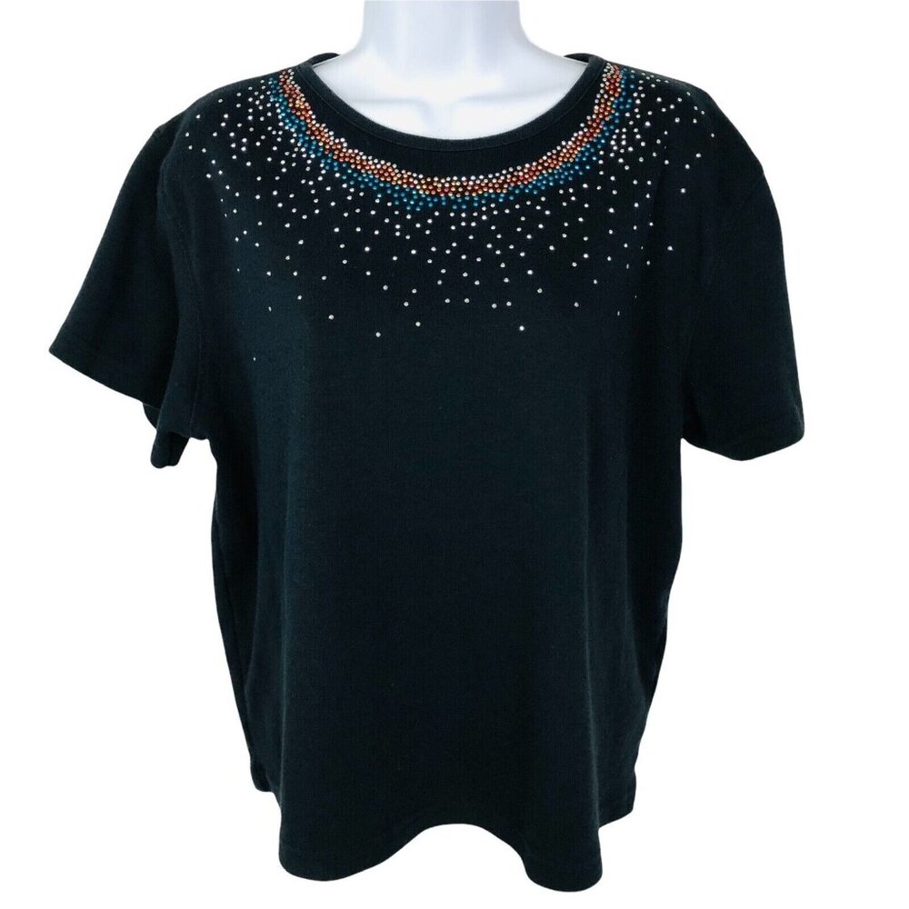 Brunswick Square Top Women Size PXL Black w Blue Red Silver Sequins Short Sleeve